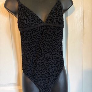 Black Textured Velvet V-Neck Bodysuit